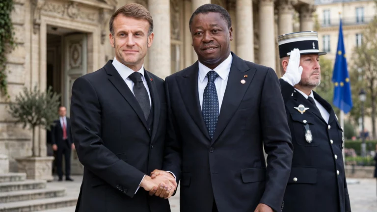 de g. à dr. Emmanuel Macron et Faure Gnassingbé